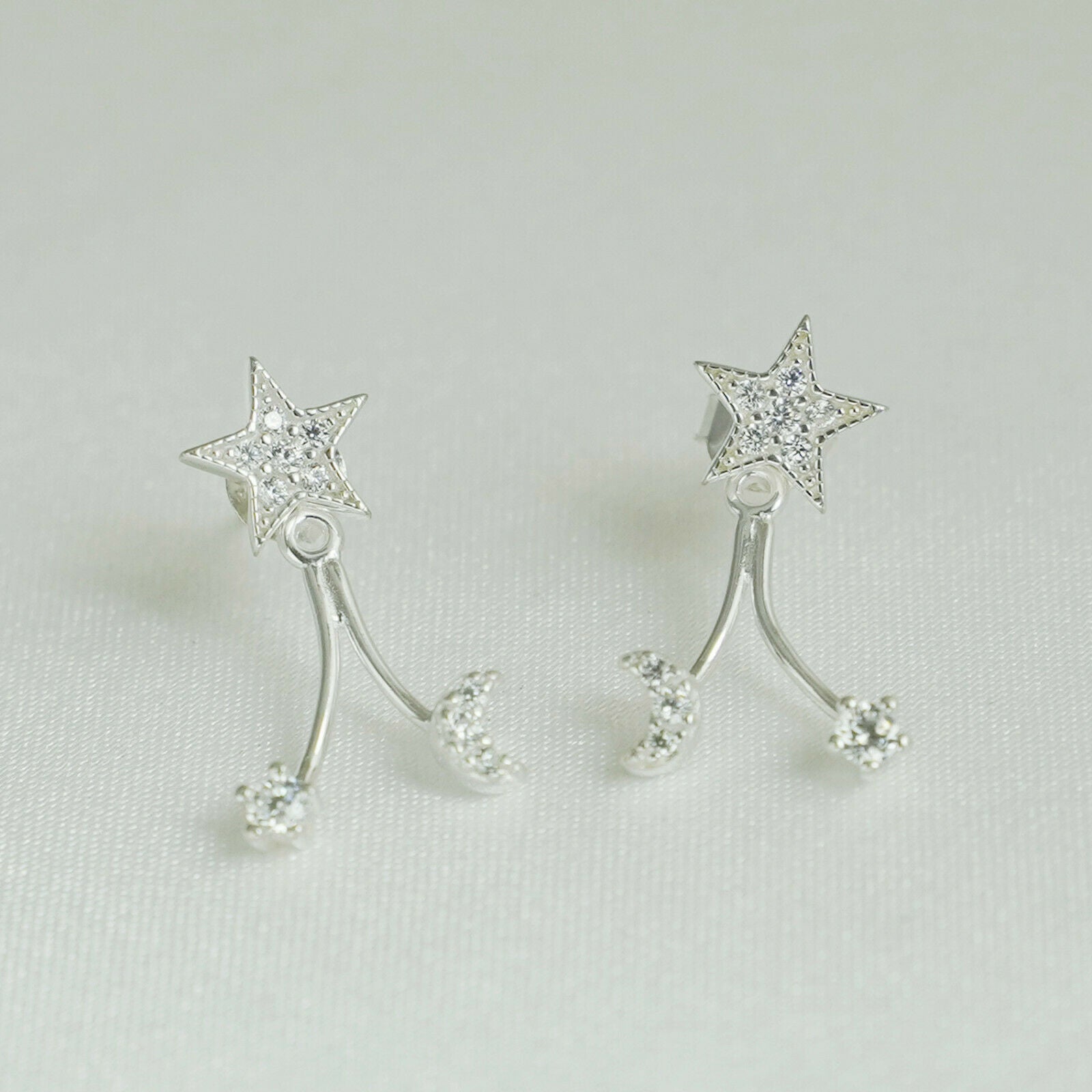 Sterling Silver Star Crescent Moon CZ Drop Double Side Jacket Stud Earrings - sugarkittenlondon