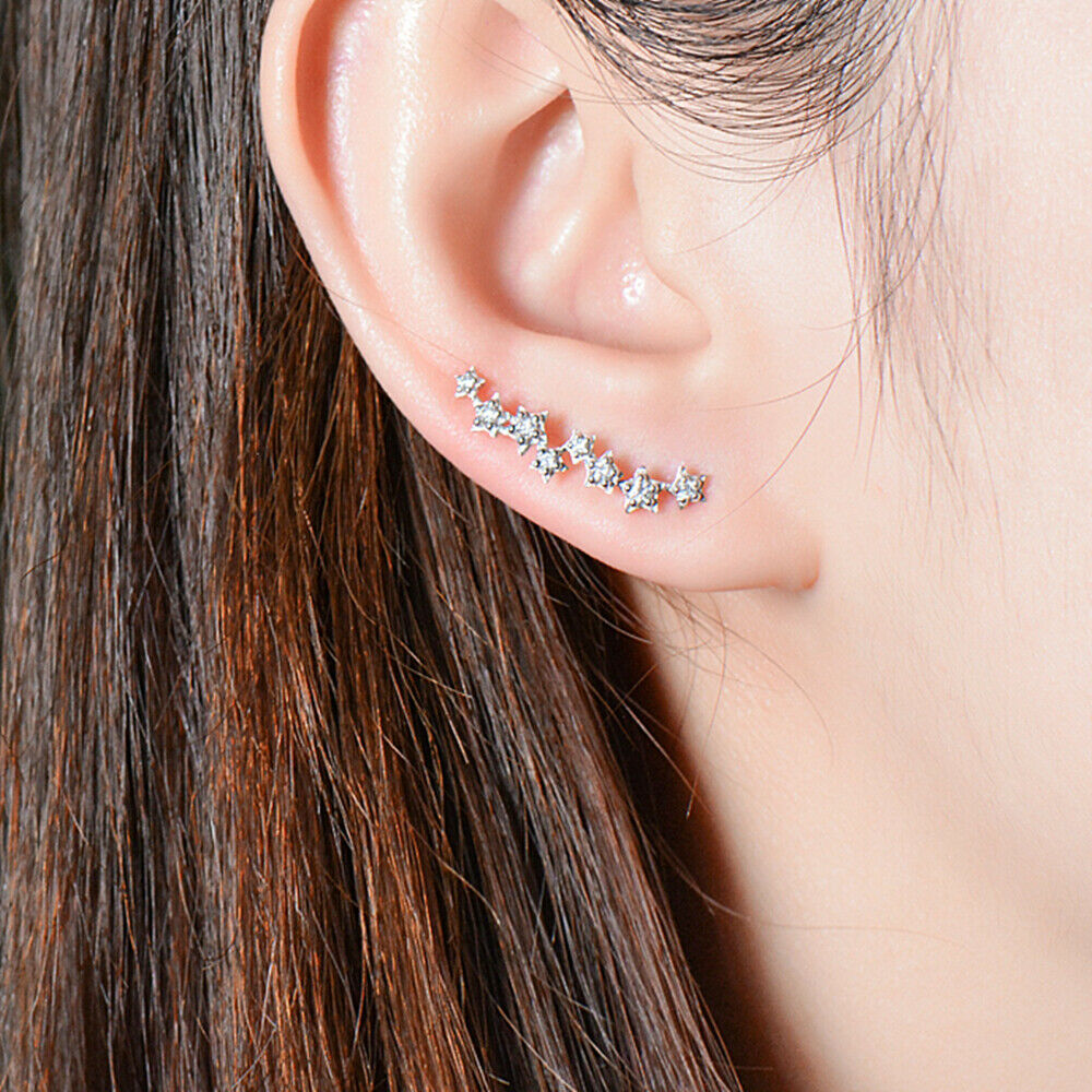 Sterling Silver CZ Asymmetrical Star Constellation Ear Crawler Drop Earrings - sugarkittenlondon