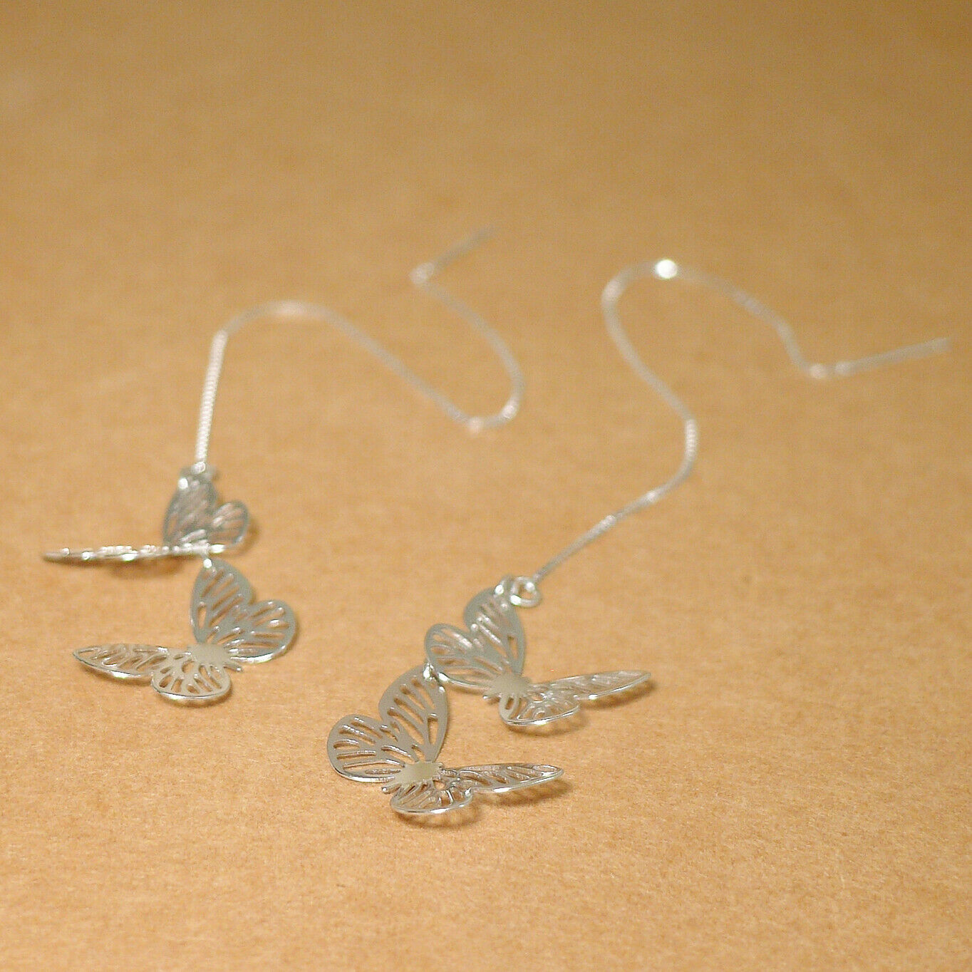 Sterling Silver Butterfly Threader Earrings - Lightweight Dangle Drop Pull Through Ear Jewelry - sugarkittenlondon