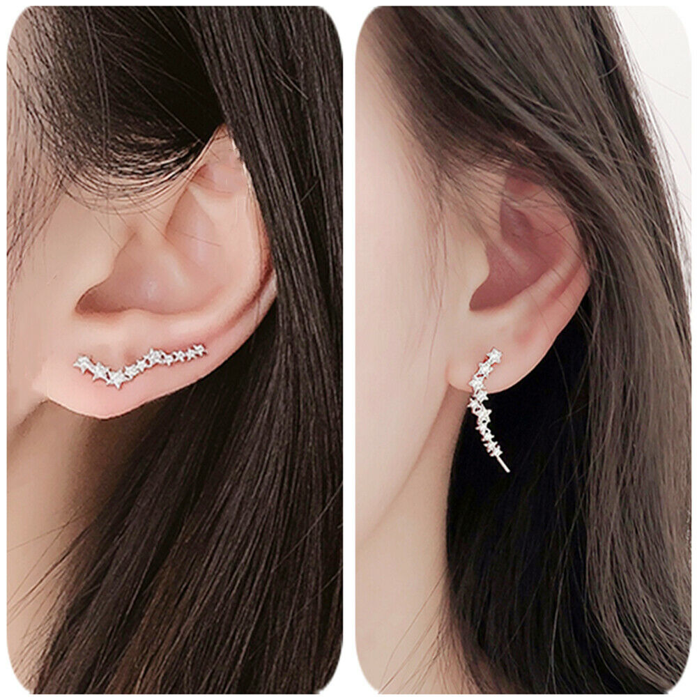 Sterling Silver CZ Asymmetrical Star Constellation Ear Crawler Drop Earrings - sugarkittenlondon