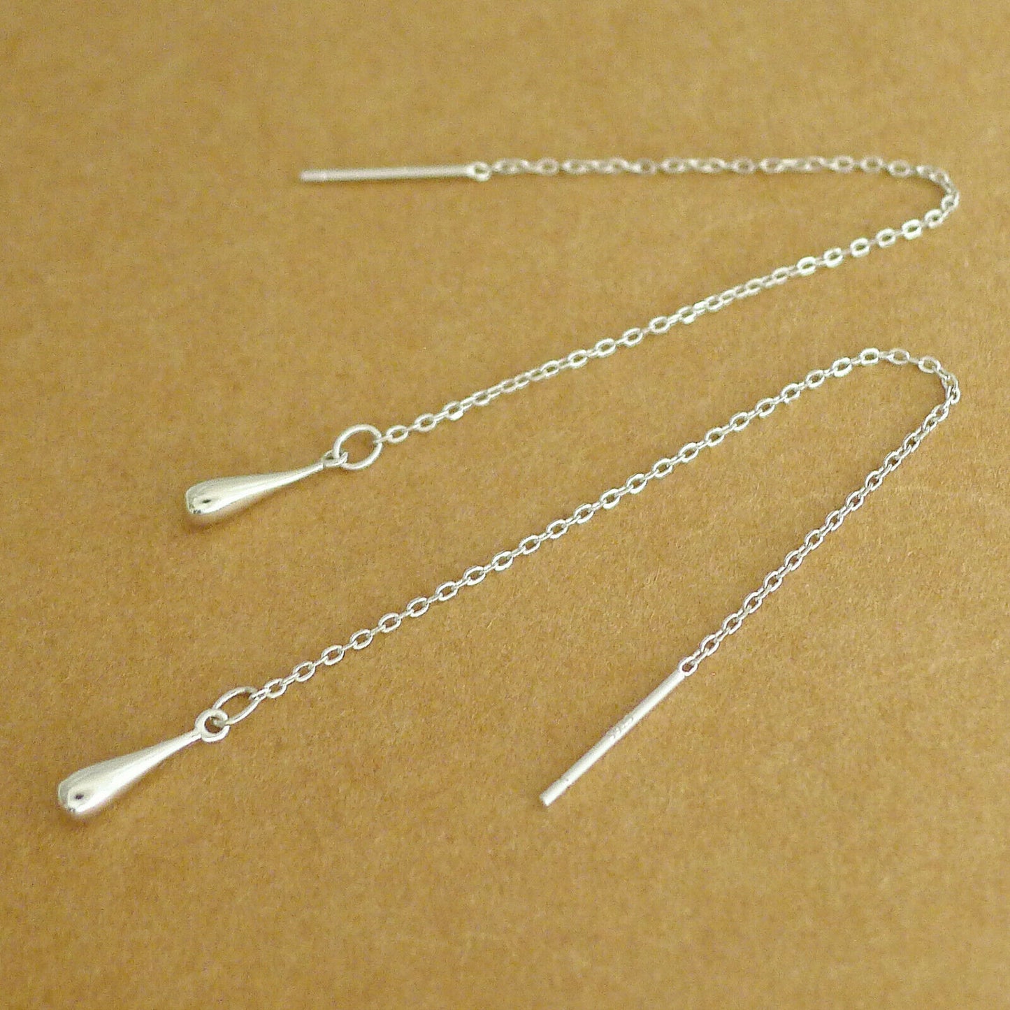 925 Sterling Silver Teardrop Threader Dangle Earrings - Fine Line Pull Through - sugarkittenlondon