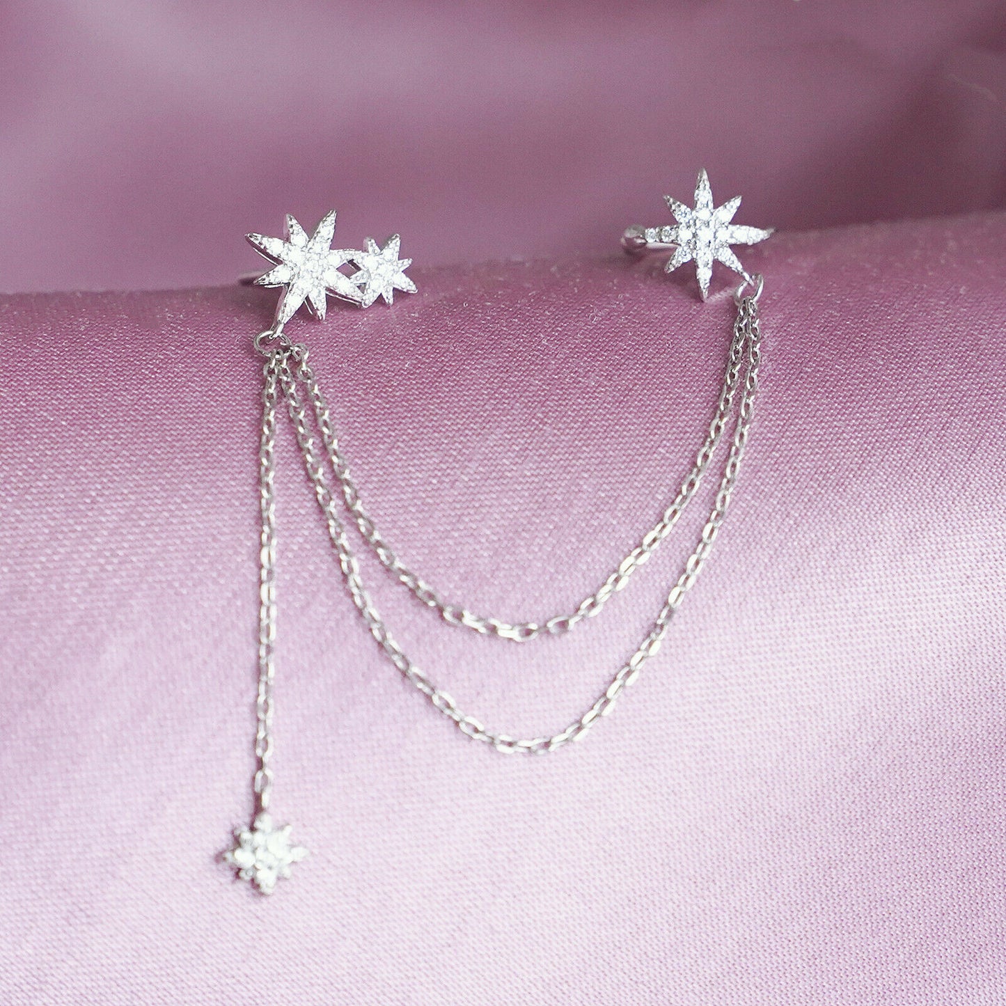 Sterling Silver Paved CZ Pole Star Chain Drop Cuff Pin Post Earrings (One Side) - sugarkittenlondon