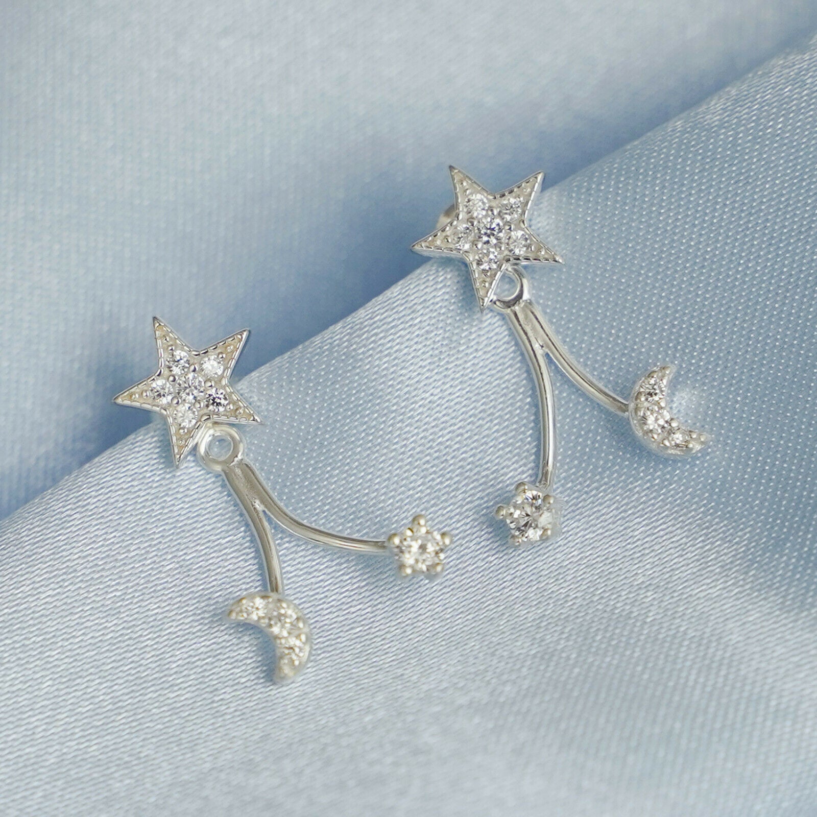 Sterling Silver Star Crescent Moon CZ Drop Double Side Jacket Stud Earrings - sugarkittenlondon