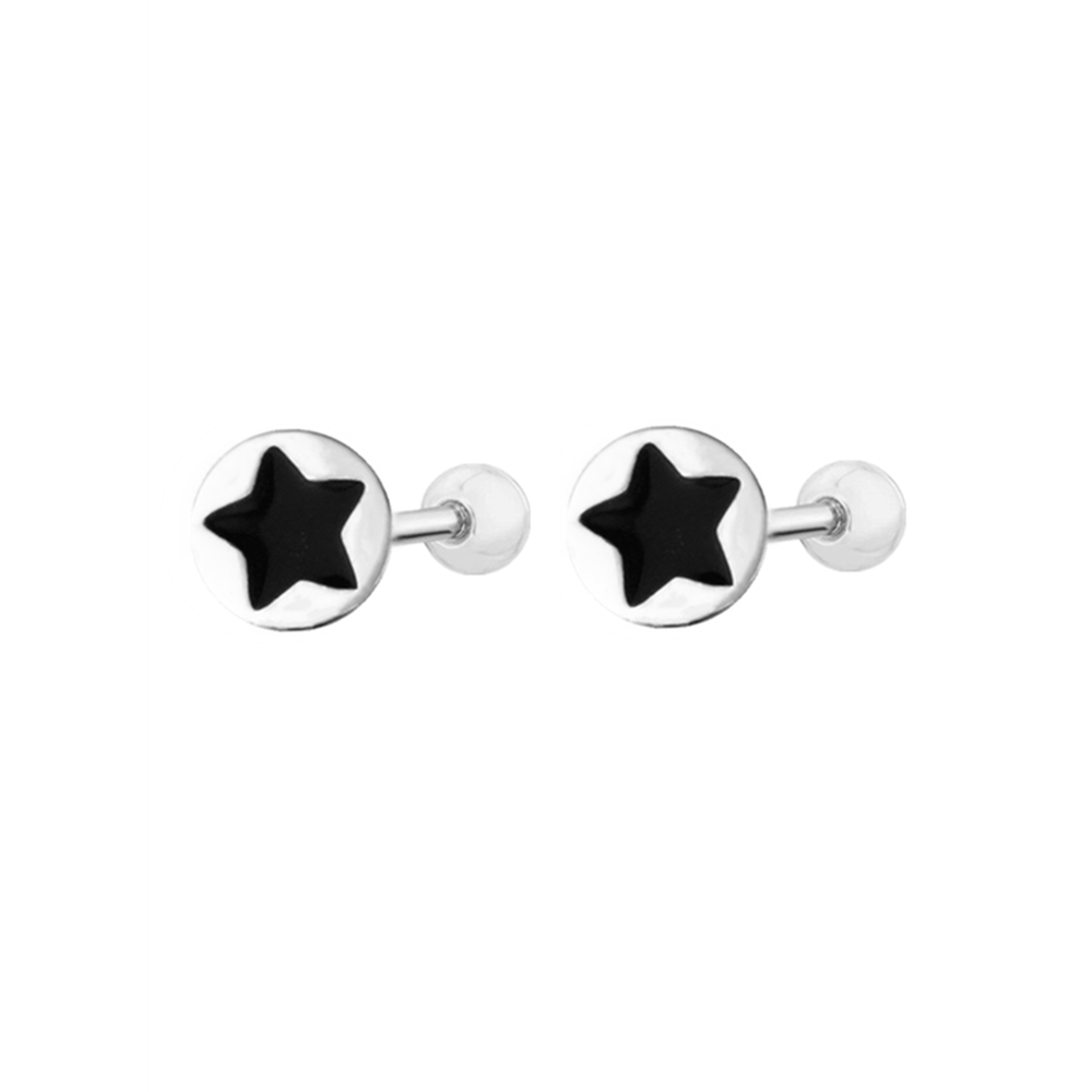 Black Star Back Earrings - Sterling Silver Enamel Star Disc Dot Barbell Bead Ball Screw Back - sugarkittenlondon