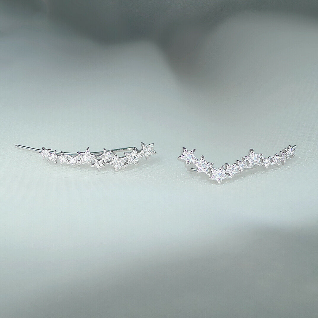 Sterling Silver CZ Asymmetrical Star Constellation Ear Crawler Drop Earrings - sugarkittenlondon