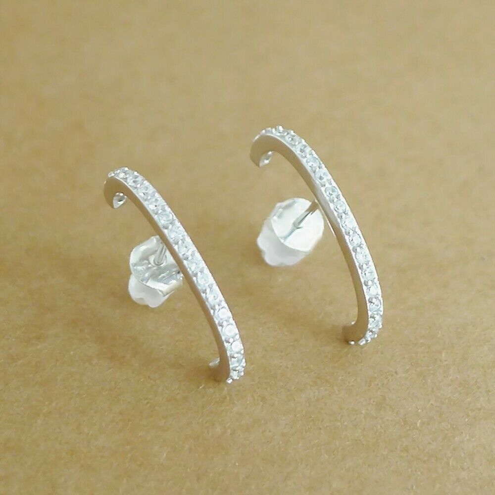 925 Sterling Silver Pave CZ Eternity Suspender Bar Line Cuff Stud Earrings - sugarkittenlondon