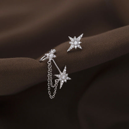 Asymmetrical Sterling Silver Paved CZ Pole Star Chain Cuff Earrings - sugarkittenlondon