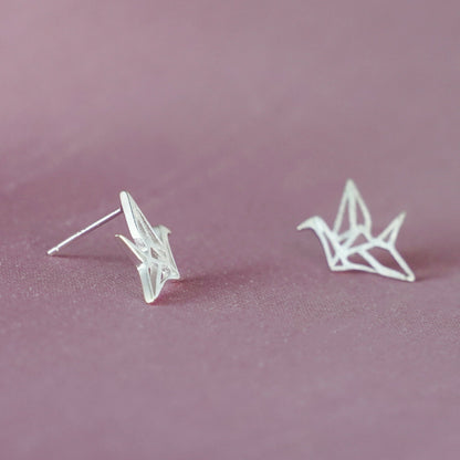 Sterling Silver Matte Brushed Origami Crane Bird Girls Stud Earrings - sugarkittenlondon