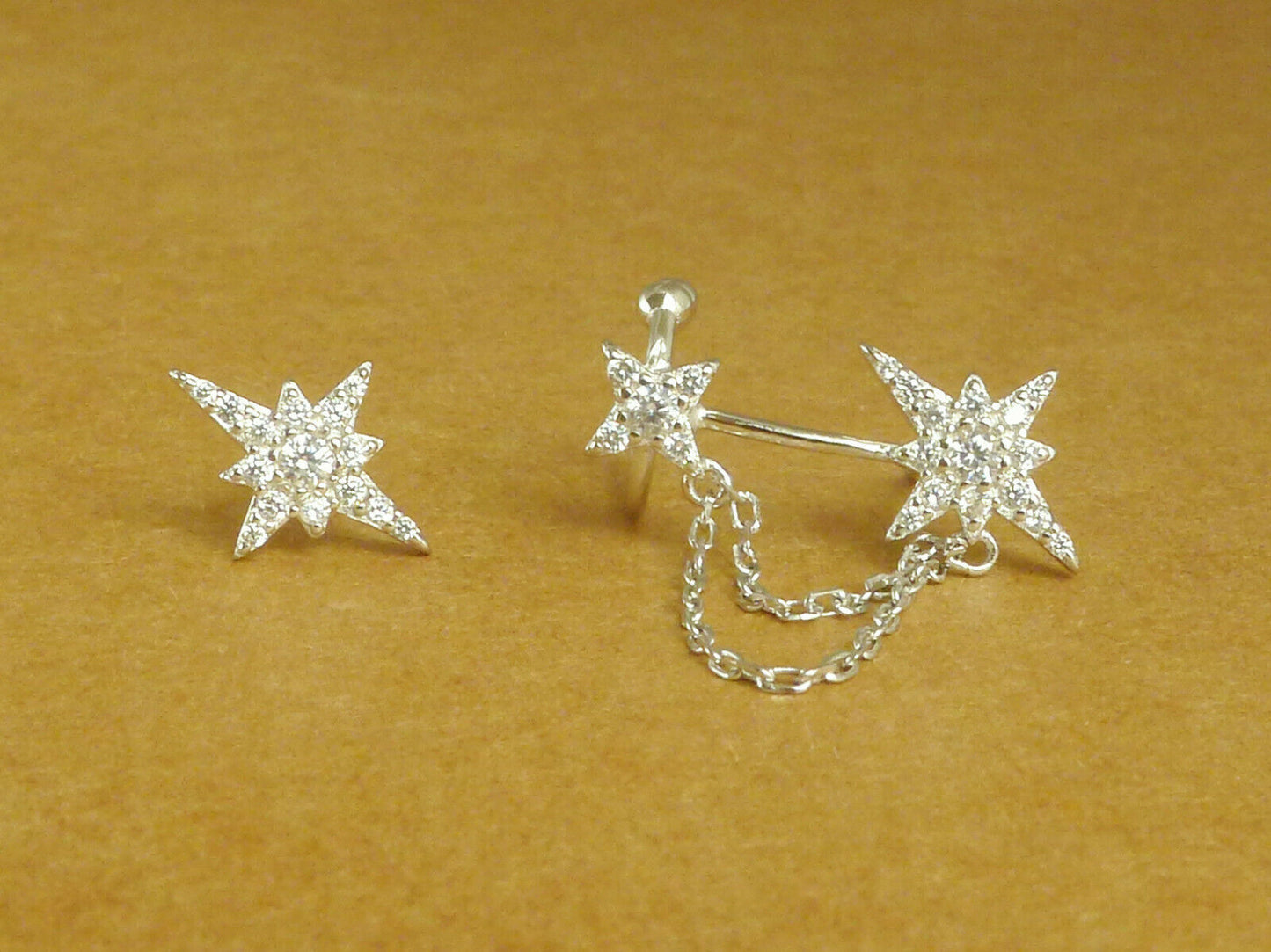 Asymmetrical Sterling Silver Paved CZ Pole Star Chain Cuff Earrings - sugarkittenlondon