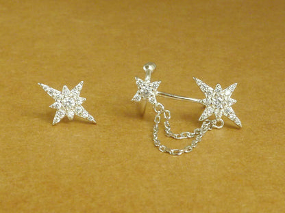 Asymmetrical Sterling Silver Paved CZ Pole Star Chain Cuff Earrings - sugarkittenlondon