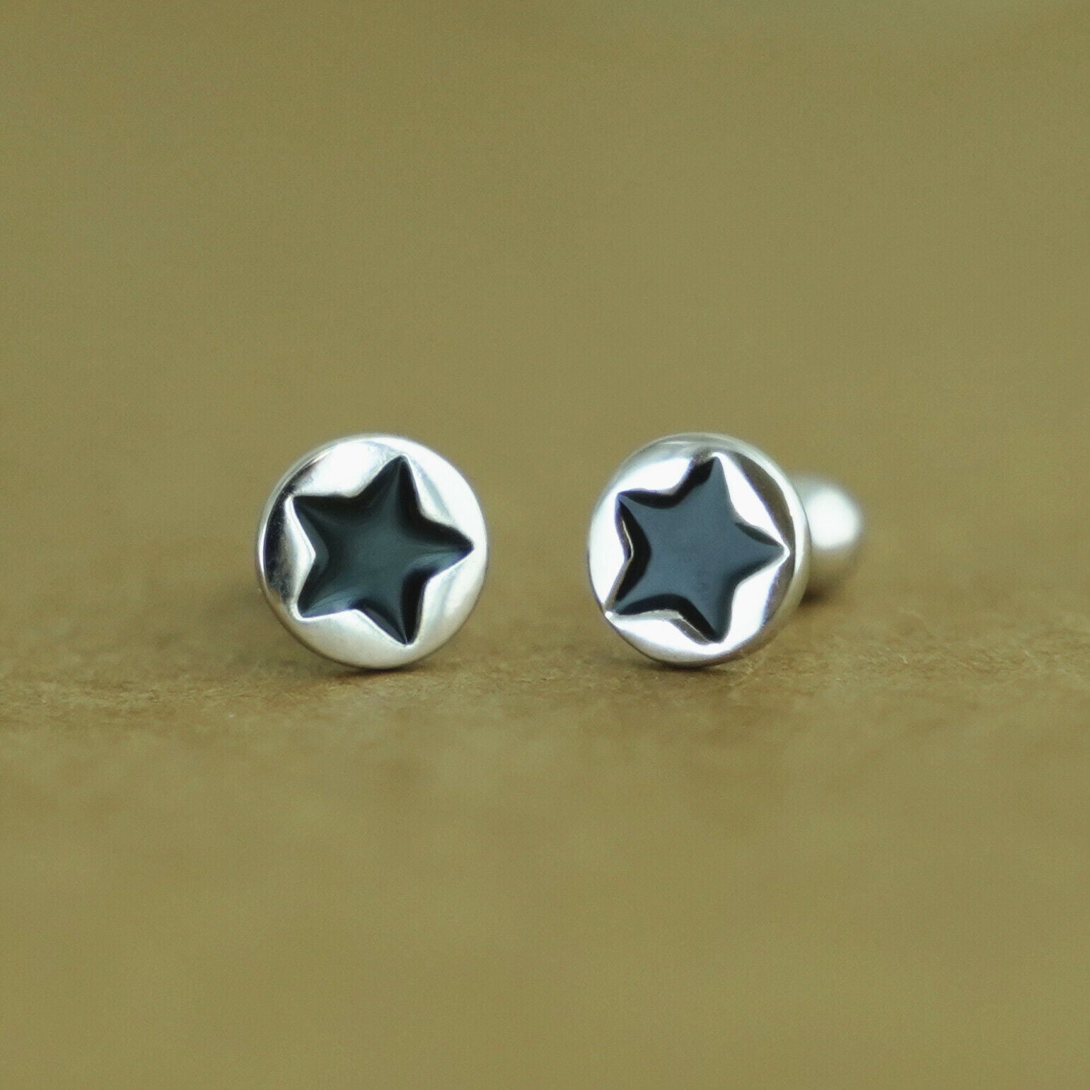 Black Star Back Earrings - Sterling Silver Enamel Star Disc Dot Barbell Bead Ball Screw Back - sugarkittenlondon