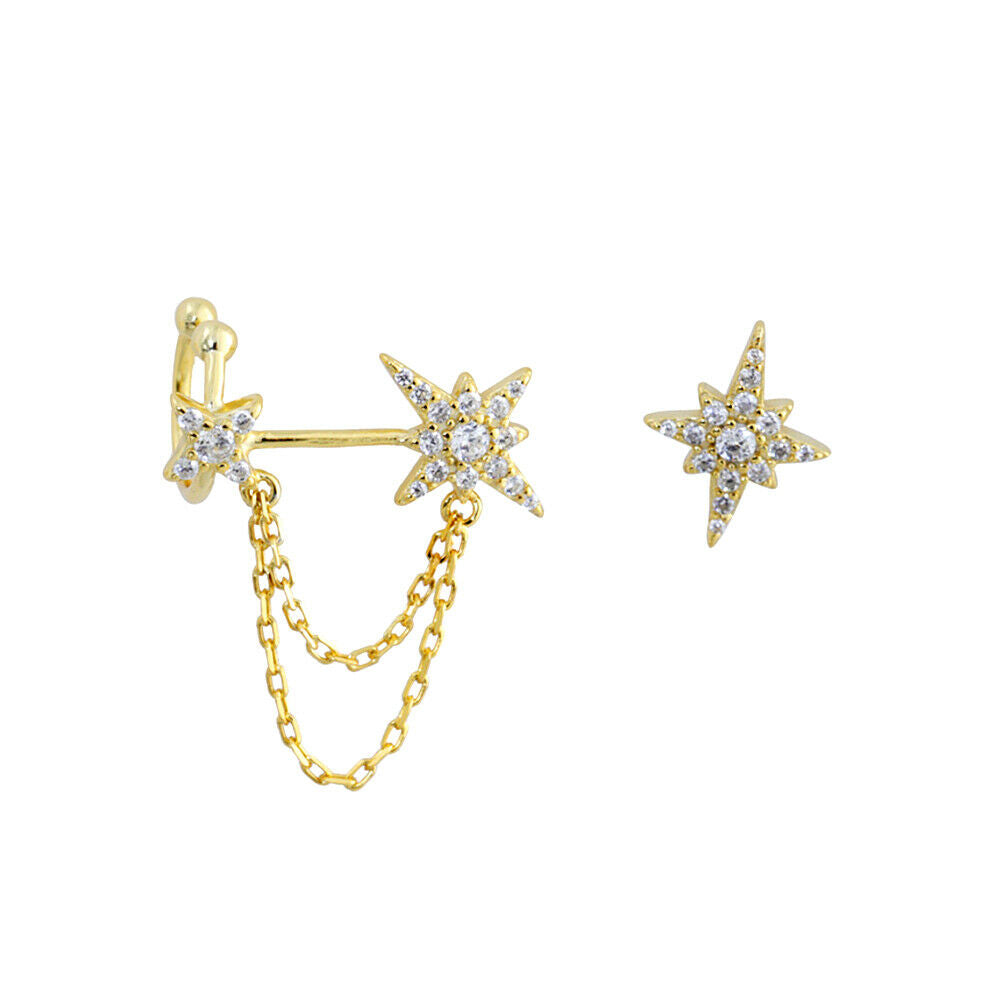 Paved CZ Pole Star Chain Cuff Asymmetrical Earrings in 18K Gold on Sterling Silver - sugarkittenlondon