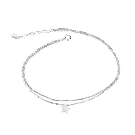 2 Layer Sterling Silver Curb Belcher Chain Anklet with Star Charms - 19cm + 3cm - sugarkittenlondon