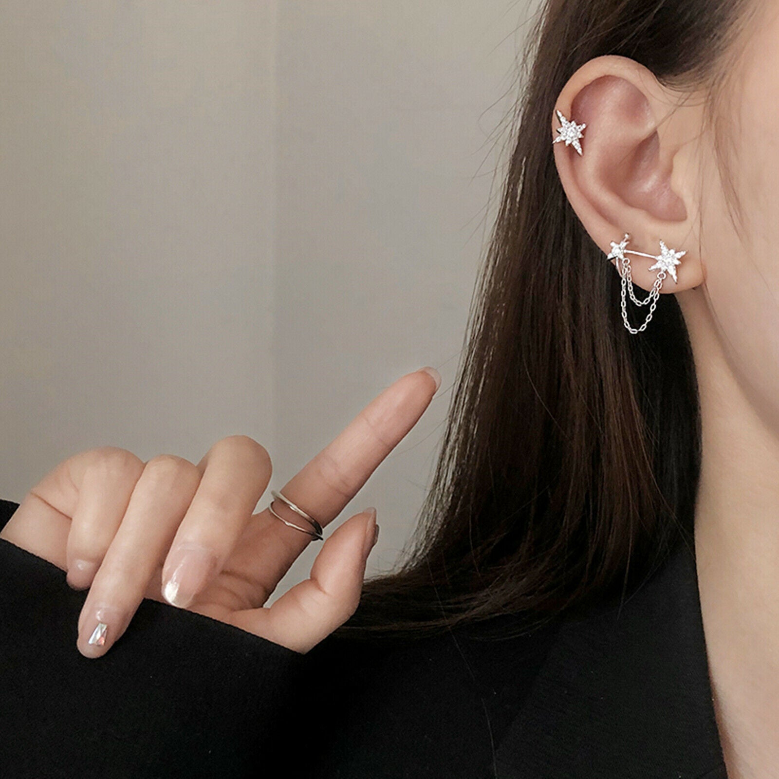 Asymmetrical Sterling Silver Paved CZ Pole Star Chain Cuff Earrings - sugarkittenlondon