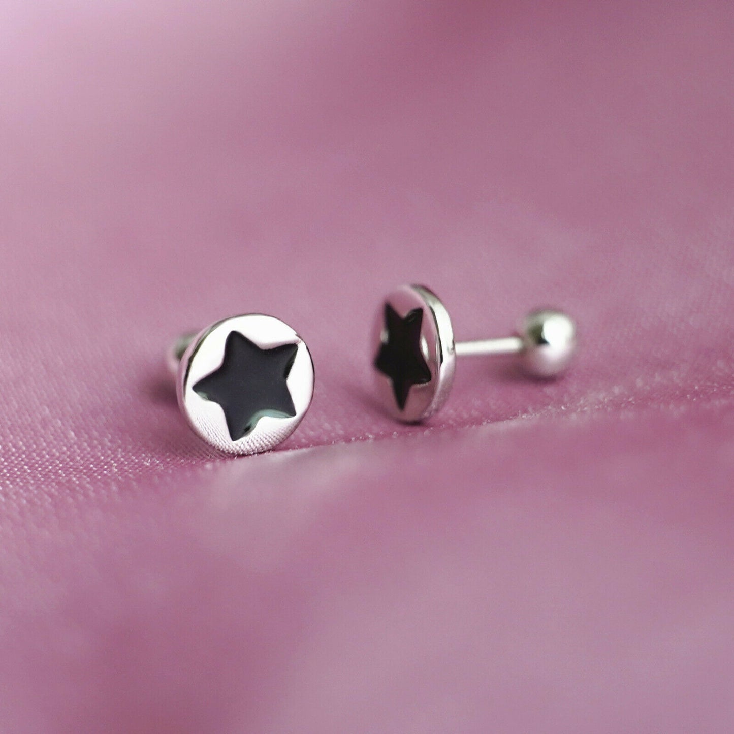 Black Star Back Earrings - Sterling Silver Enamel Star Disc Dot Barbell Bead Ball Screw Back - sugarkittenlondon