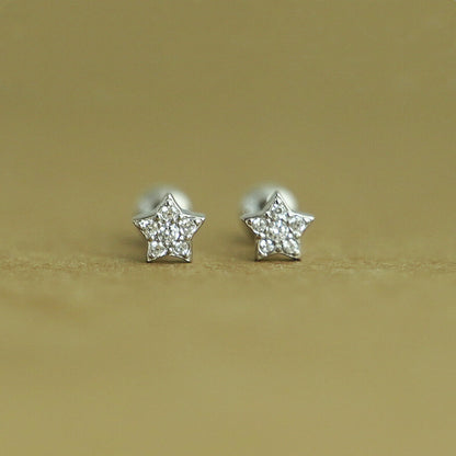 925 Sterling Silver Screw Back Earrings with Mini CZ Star Barbell Bead Ball - sugarkittenlondon