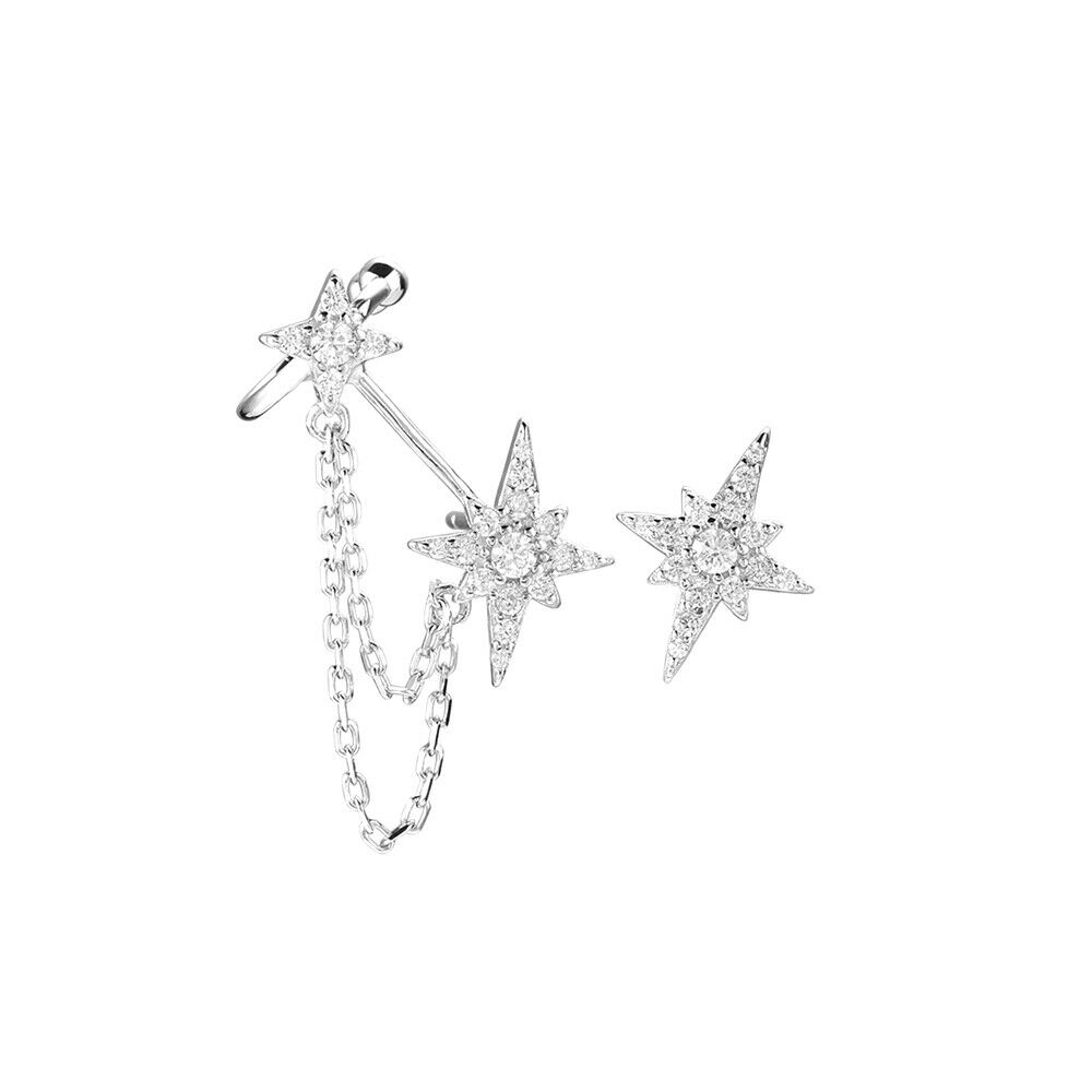 Asymmetrical Sterling Silver Paved CZ Pole Star Chain Cuff Earrings - sugarkittenlondon