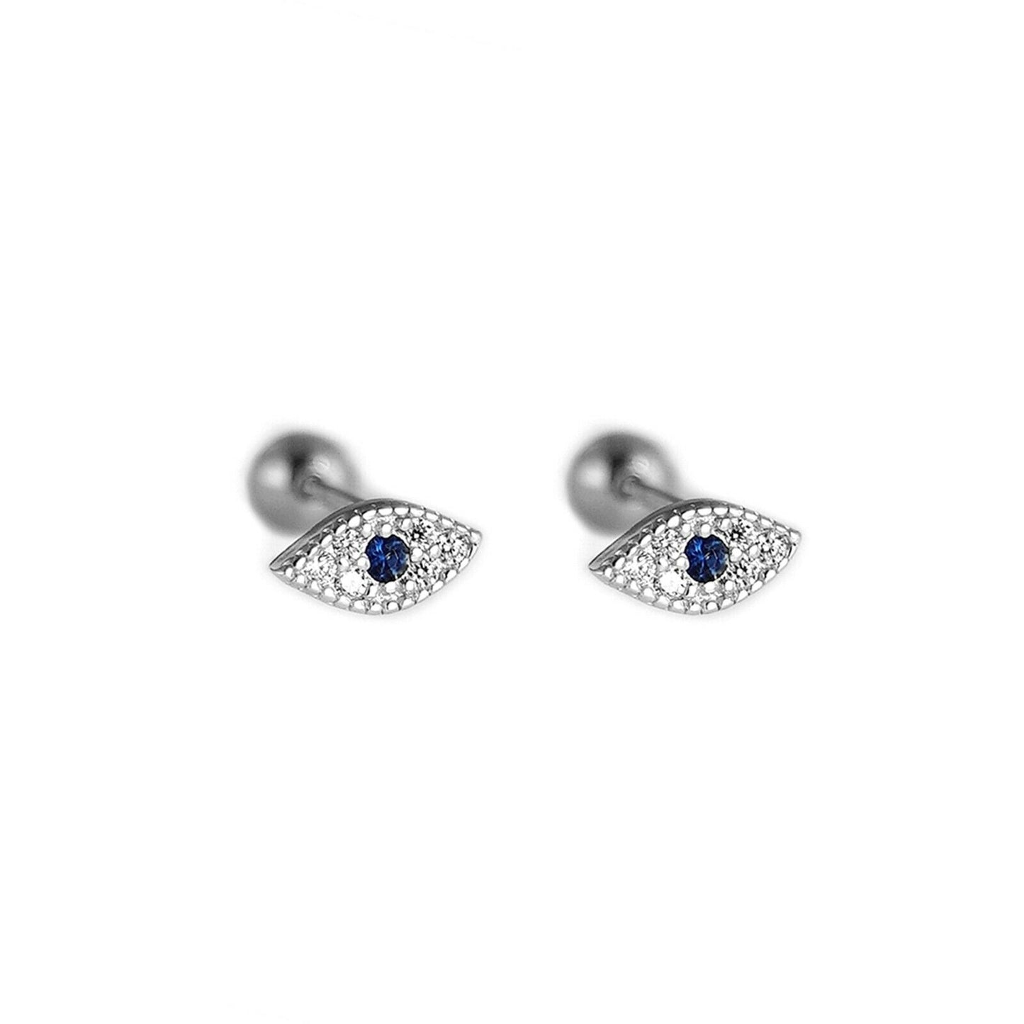 Sterling Silver Evil Eye Pendant with Blue and White CZ Barbell Bead Ball Screw Back Earringss - sugarkittenlondon