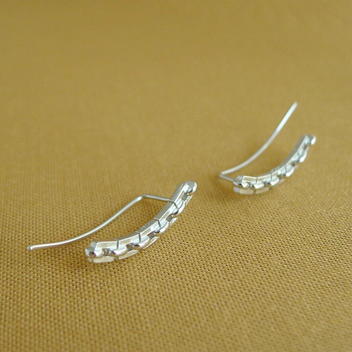Curved Cube Climber Earrings in Sterling Silver with Linked Chain Geometry - sugarkittenlondon