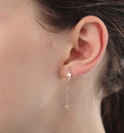 Sterling Silver Asymmetrical Lightning Bolt Drop Dangle Stud Earrings - sugarkittenlondon