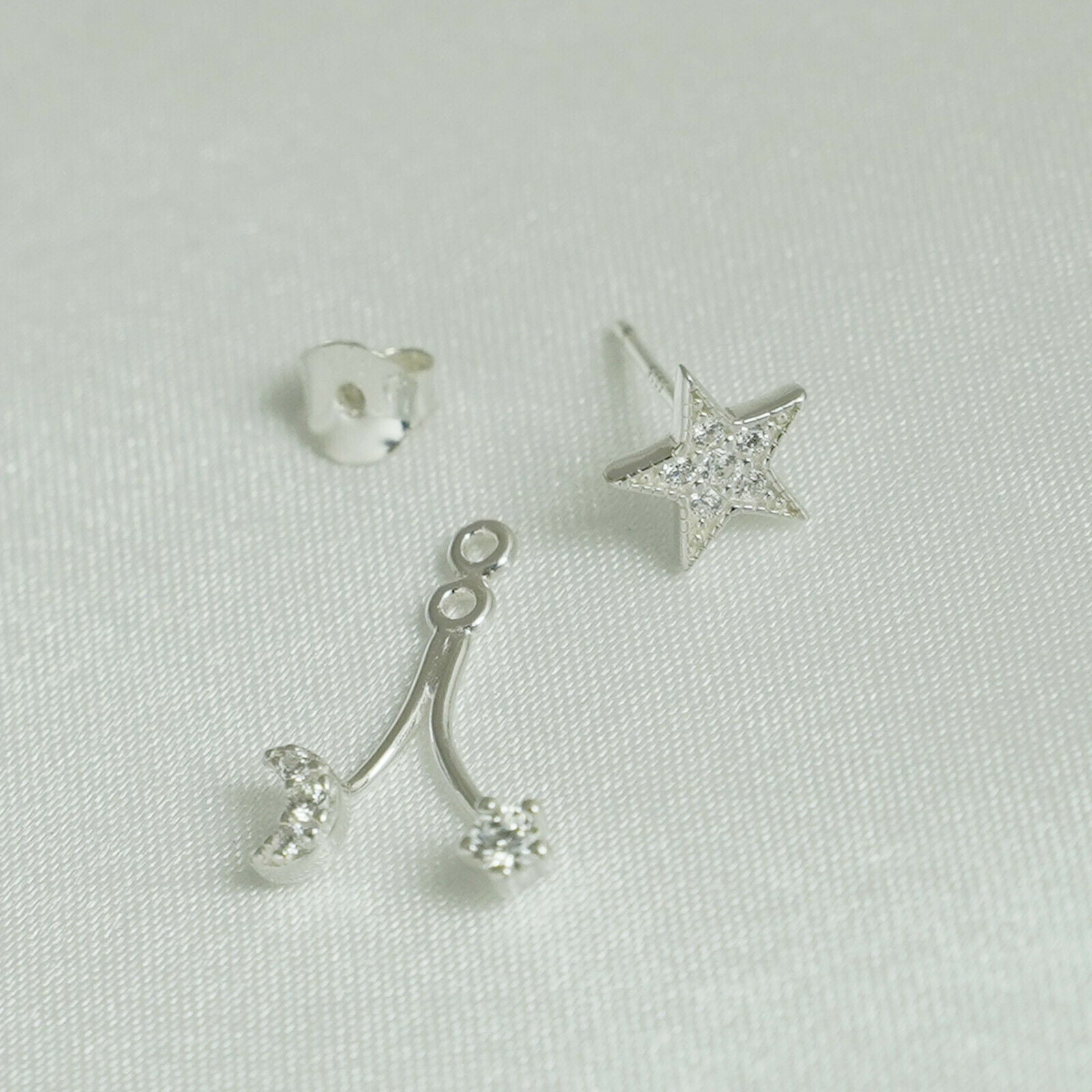 Sterling Silver Star Crescent Moon CZ Drop Double Side Jacket Stud Earrings - sugarkittenlondon