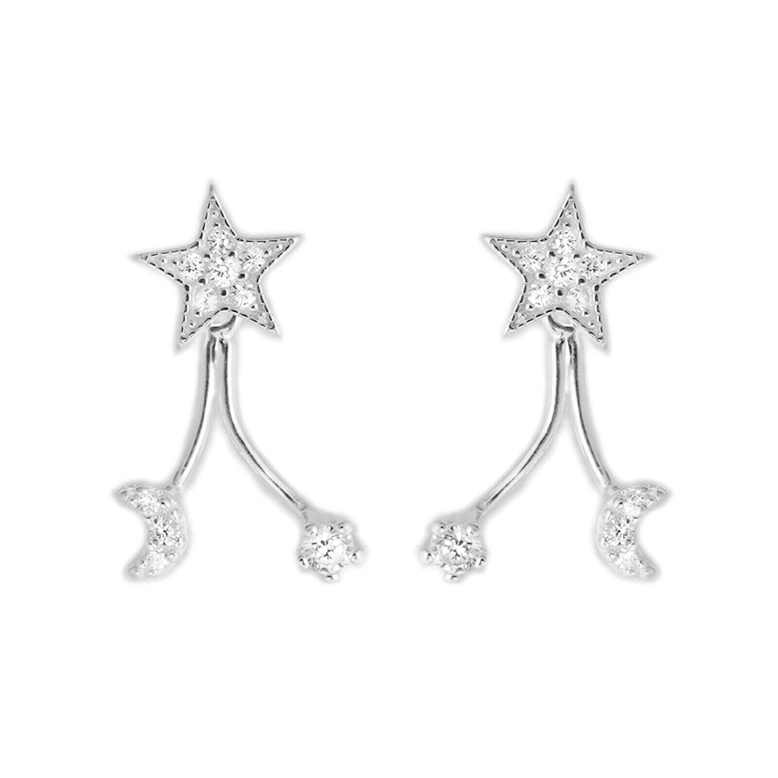 Sterling Silver Star Crescent Moon CZ Drop Double Side Jacket Stud Earrings - sugarkittenlondon