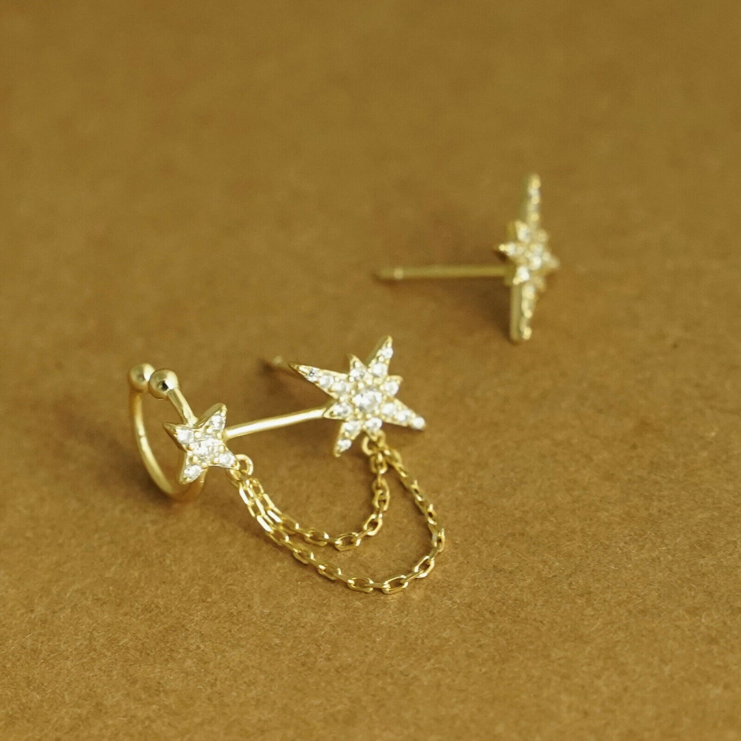 Paved CZ Pole Star Chain Cuff Asymmetrical Earrings in 18K Gold on Sterling Silver - sugarkittenlondon