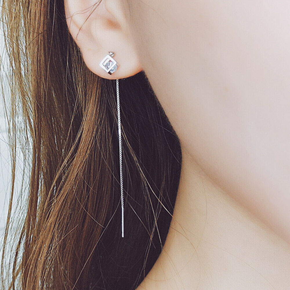 Cube CZ Dangle Theader Earrings with Sterling Silver Posts and Backs - sugarkittenlondon