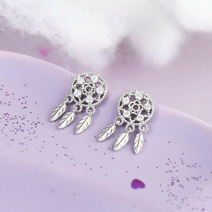 Dreamcatcher Earrings - 925 Sterling Silver with Crystal CZ Protection Jewellery - sugarkittenlondon