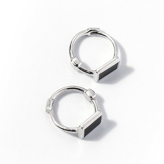 Black Glazed Cube Square Sterling Silver Huggie Hoop Earrings - sugarkittenlondon