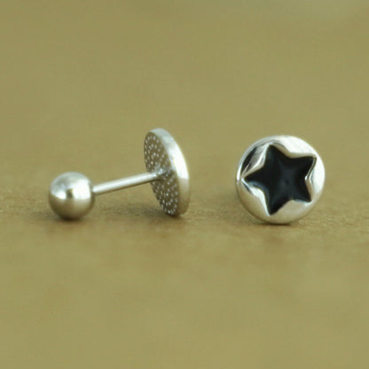 Black Star Back Earrings - Sterling Silver Enamel Star Disc Dot Barbell Bead Ball Screw Back - sugarkittenlondon