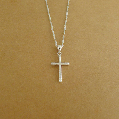 Sterling Silver Latin Cross Cubic Zirconia Tips Thin Square Pendant Necklace - sugarkittenlondon
