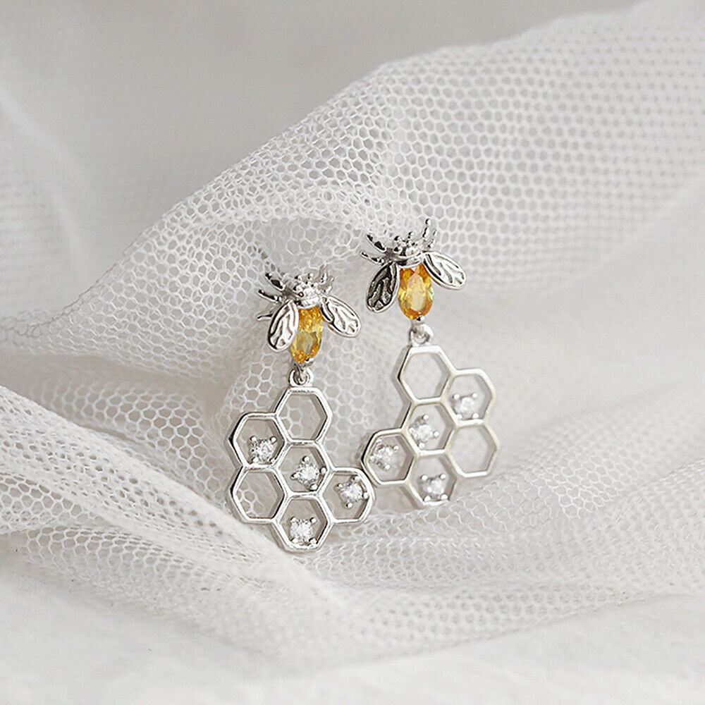 Sterling Silver Yellow CZ Beehive Insect Drop Dangle Earrings - Yellow CZ Earrings - sugarkittenlondon