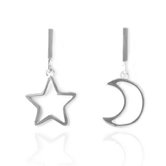 Sterling Silver Hollow Star Moon Bar Post Earrings with Line Drop - sugarkittenlondon
