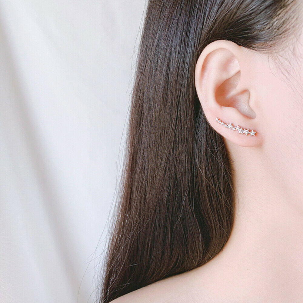 Sterling Silver CZ Asymmetrical Star Constellation Ear Crawler Drop Earrings - sugarkittenlondon