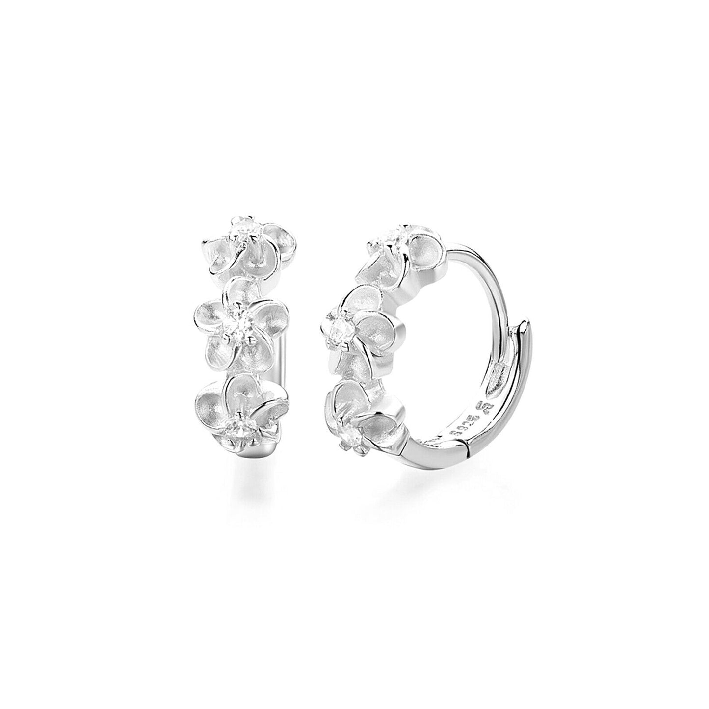 Sterling Silver Triple Camellia Blossom Flower Hoop Earrings with Rhodium Plating - sugarkittenlondon