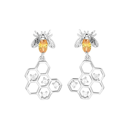 Sterling Silver Yellow CZ Beehive Insect Drop Dangle Earrings - Yellow CZ Earrings - sugarkittenlondon