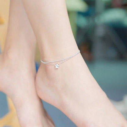 2 Layer Sterling Silver Curb Belcher Chain Anklet with Star Charms - 19cm + 3cm - sugarkittenlondon