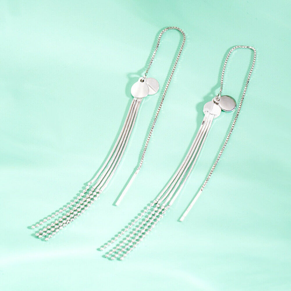 925 Sterling Silver Double Disc Dots Bead Tassel Pull-Through Threader Earrings - sugarkittenlondon