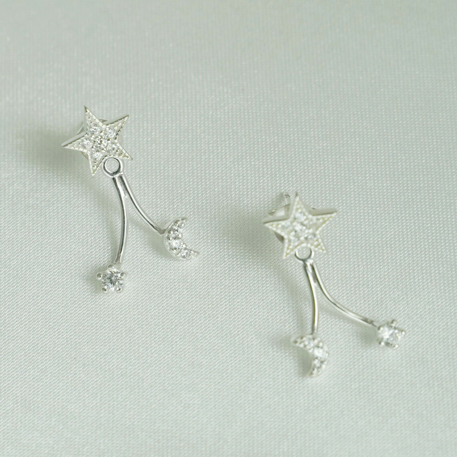 Sterling Silver Star Crescent Moon CZ Drop Double Side Jacket Stud Earrings - sugarkittenlondon