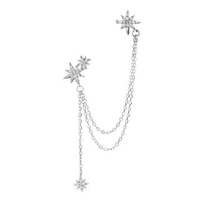 Sterling Silver Paved CZ Pole Star Chain Drop Cuff Pin Post Earrings (One Side) - sugarkittenlondon