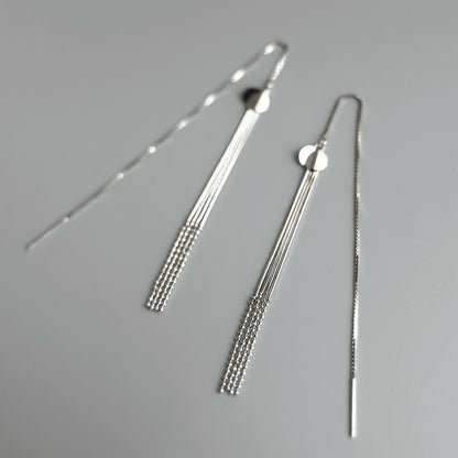 925 Sterling Silver Double Disc Dots Bead Tassel Pull-Through Threader Earrings - sugarkittenlondon