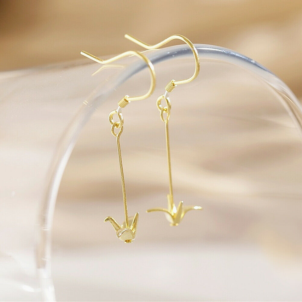 925 Sterling Silver Gold-Plated Origami Crane Dangle Drop Hook Earrings - sugarkittenlondon