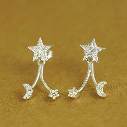 Sterling Silver Star Crescent Moon CZ Drop Double Side Jacket Stud Earrings - sugarkittenlondon