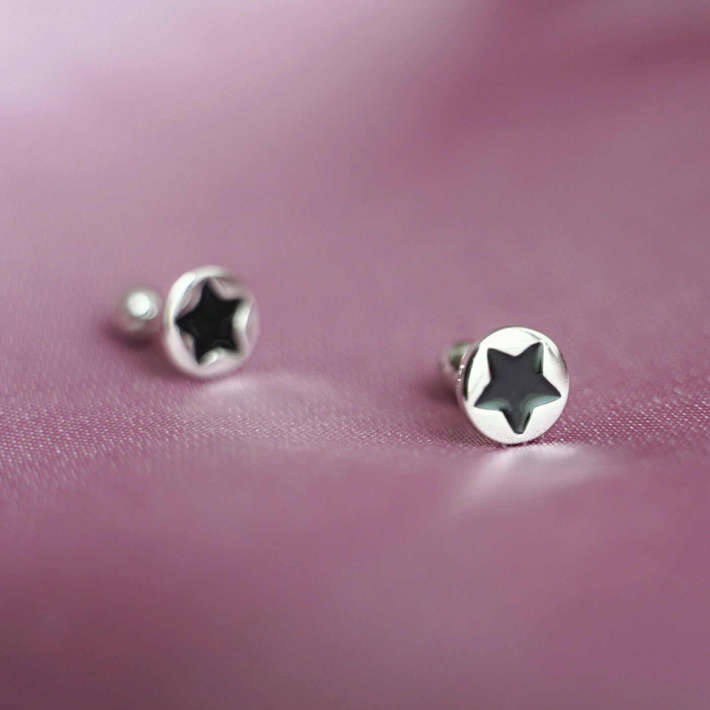 Black Star Back Earrings - Sterling Silver Enamel Star Disc Dot Barbell Bead Ball Screw Back - sugarkittenlondon