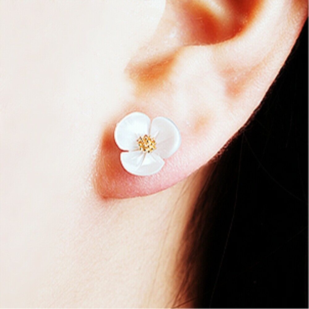 18K Gold Sterling Silver Clover Flower Stud Earrings with Natural Mother of Pearl - sugarkittenlondon
