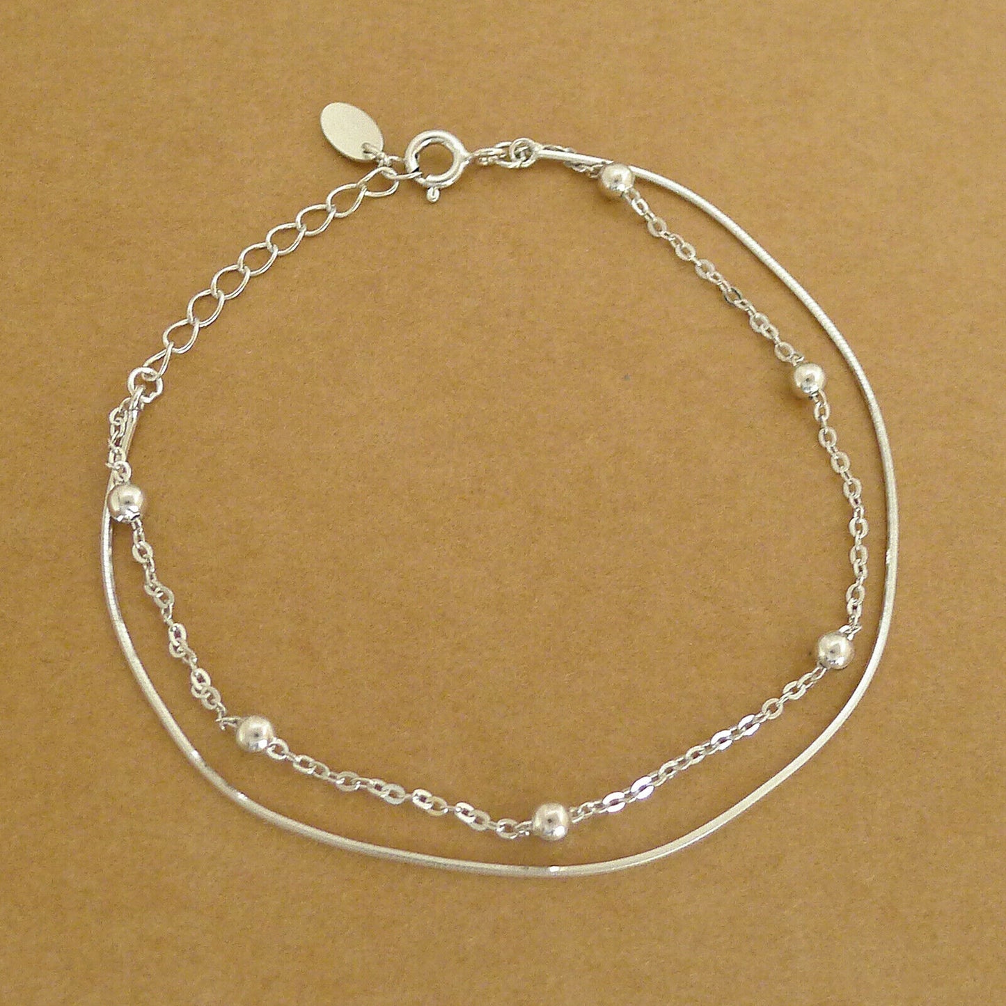 Rhodium on Sterling Silver 3mm Bead Ball Snake Chain Adjustable 2 Layers Bracelet - sugarkittenlondon