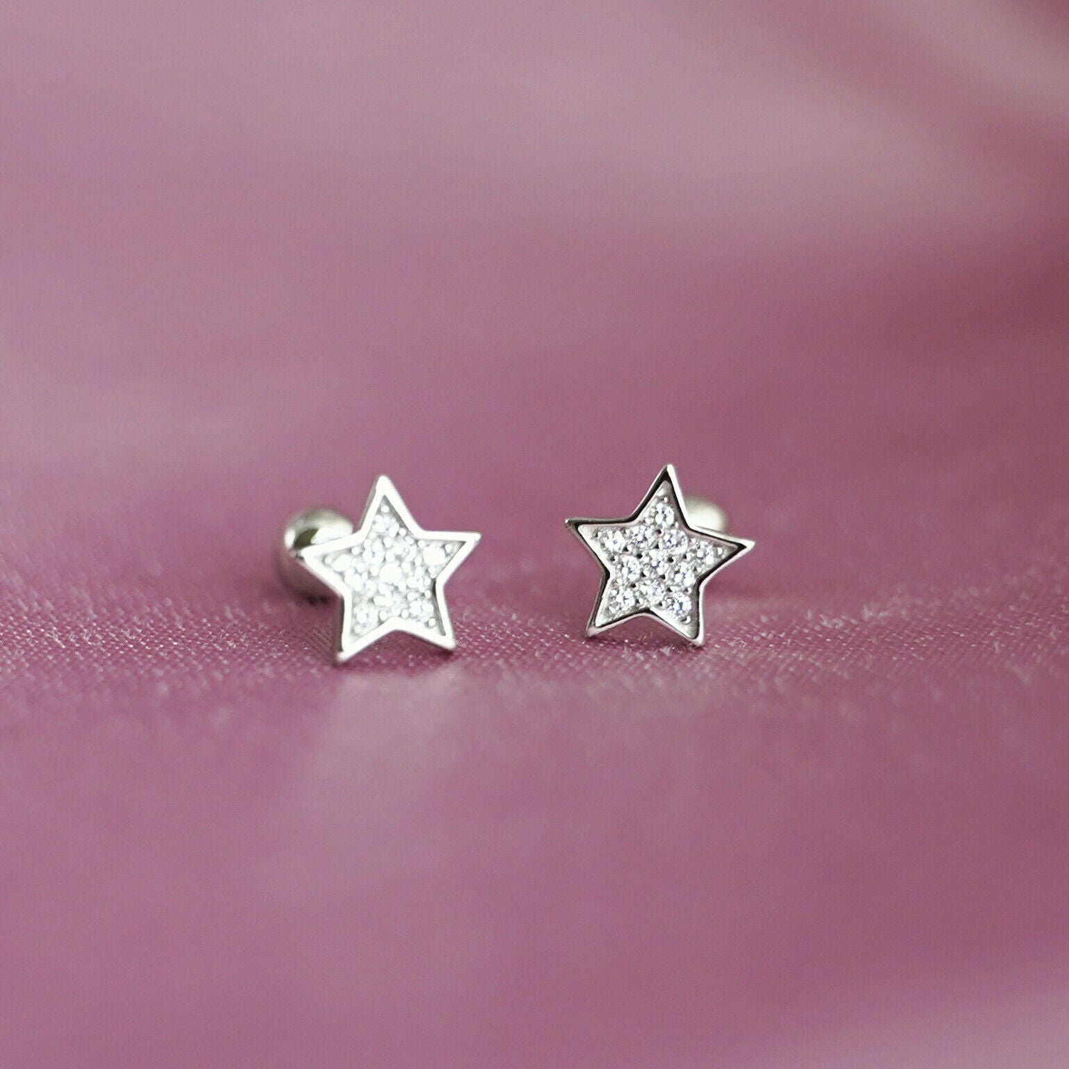 925 Sterling Silver Cubic Zirconia Star Stud Earrings with Screw Back - sugarkittenlondon