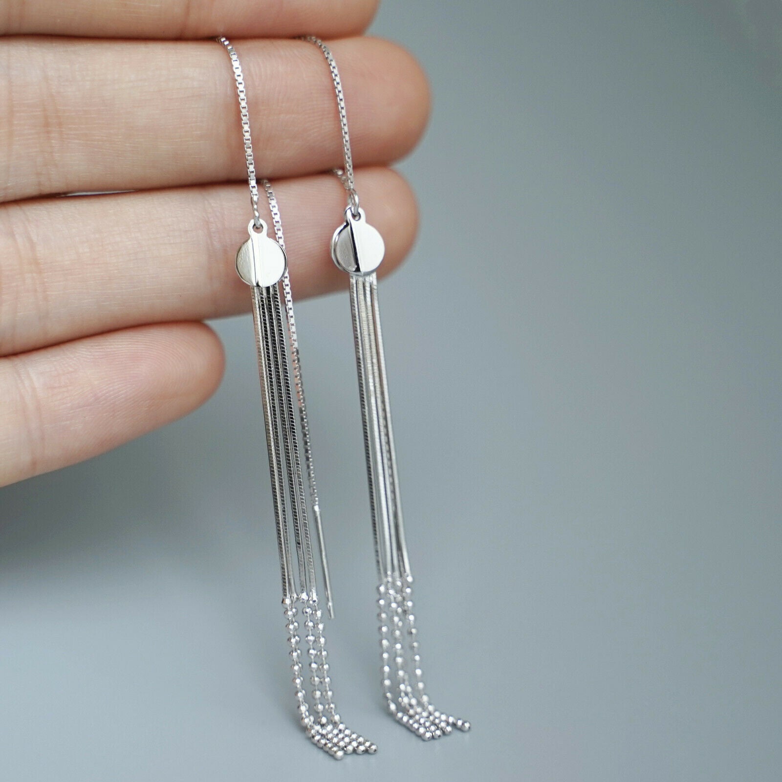 925 Sterling Silver Double Disc Dots Bead Tassel Pull-Through Threader Earrings - sugarkittenlondon