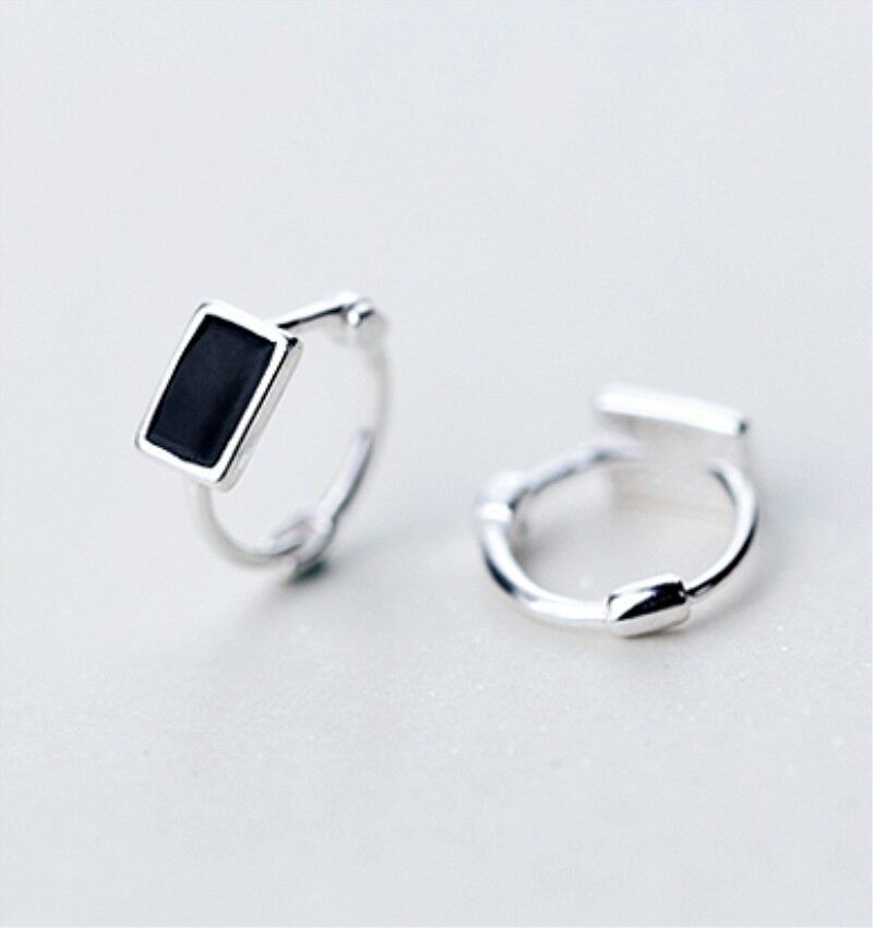 Black Glazed Cube Square Sterling Silver Huggie Hoop Earrings - sugarkittenlondon